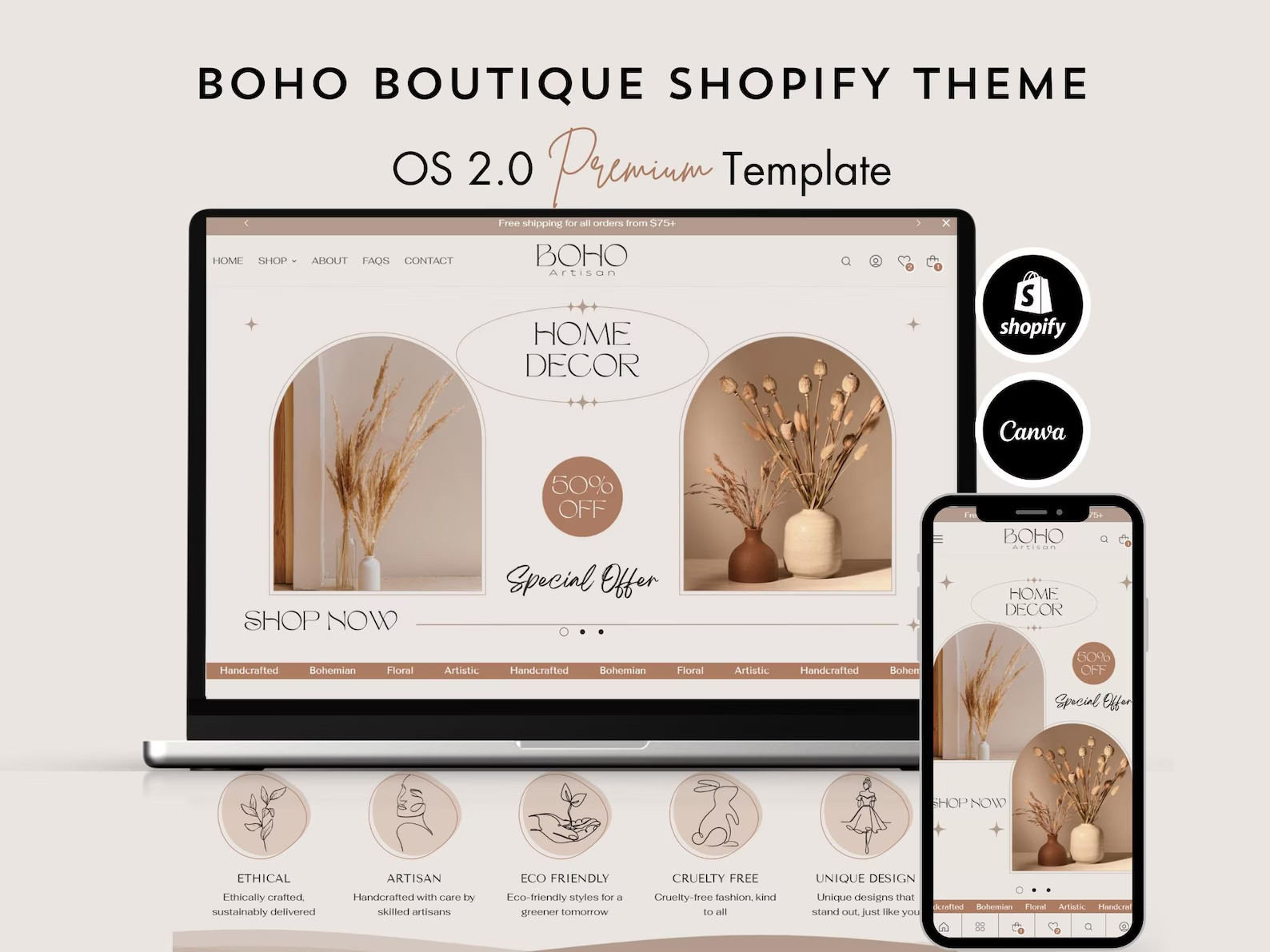 Boho Boutique Shopify Theme, Minimal Fashion Jewelry Decor Website Template 2.0