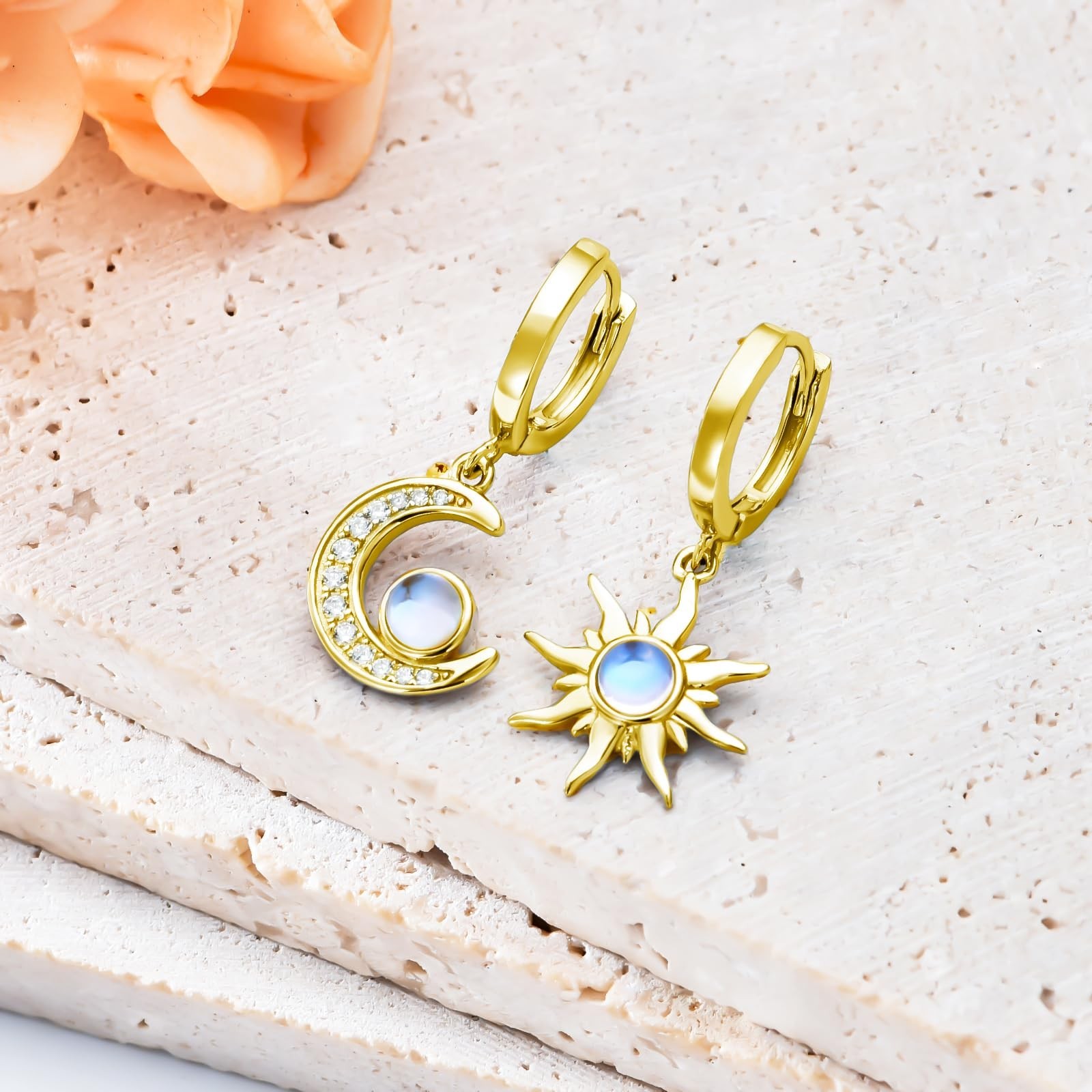 Sun and Moon Dangle Moonstone Earrings 925 Sterling Silver Dangle Huggie Earr…