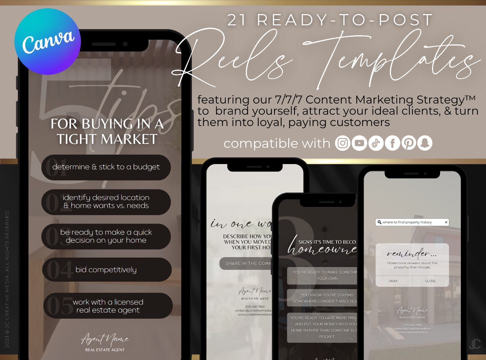 21 Real Estate Marketing Reels. VOL. 2 – Canva Video Templates (Black / Brown)