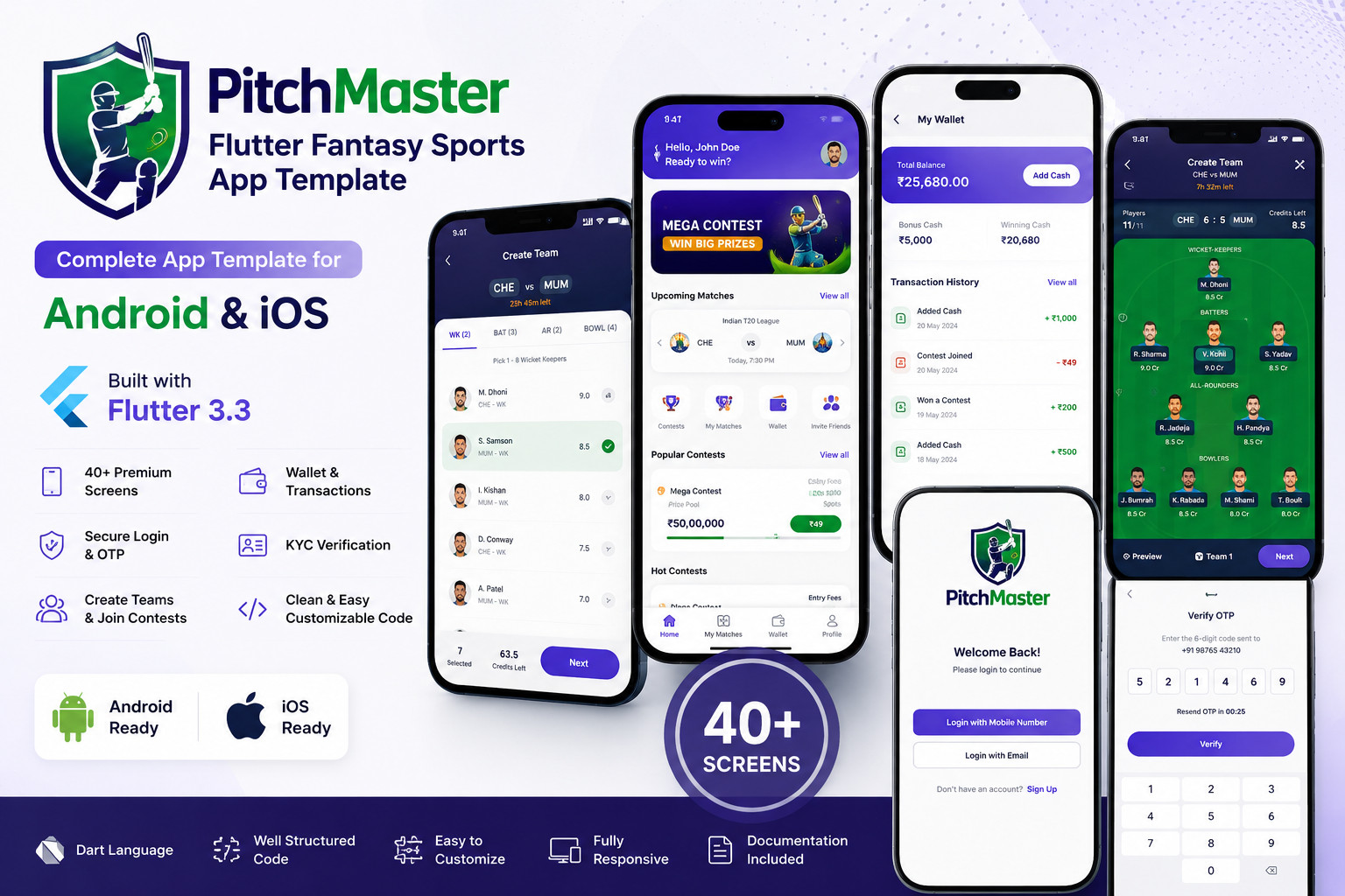 PitchMaster Flutter Fantasy Sports App Template | 40+ Screens | Android & iOS UI