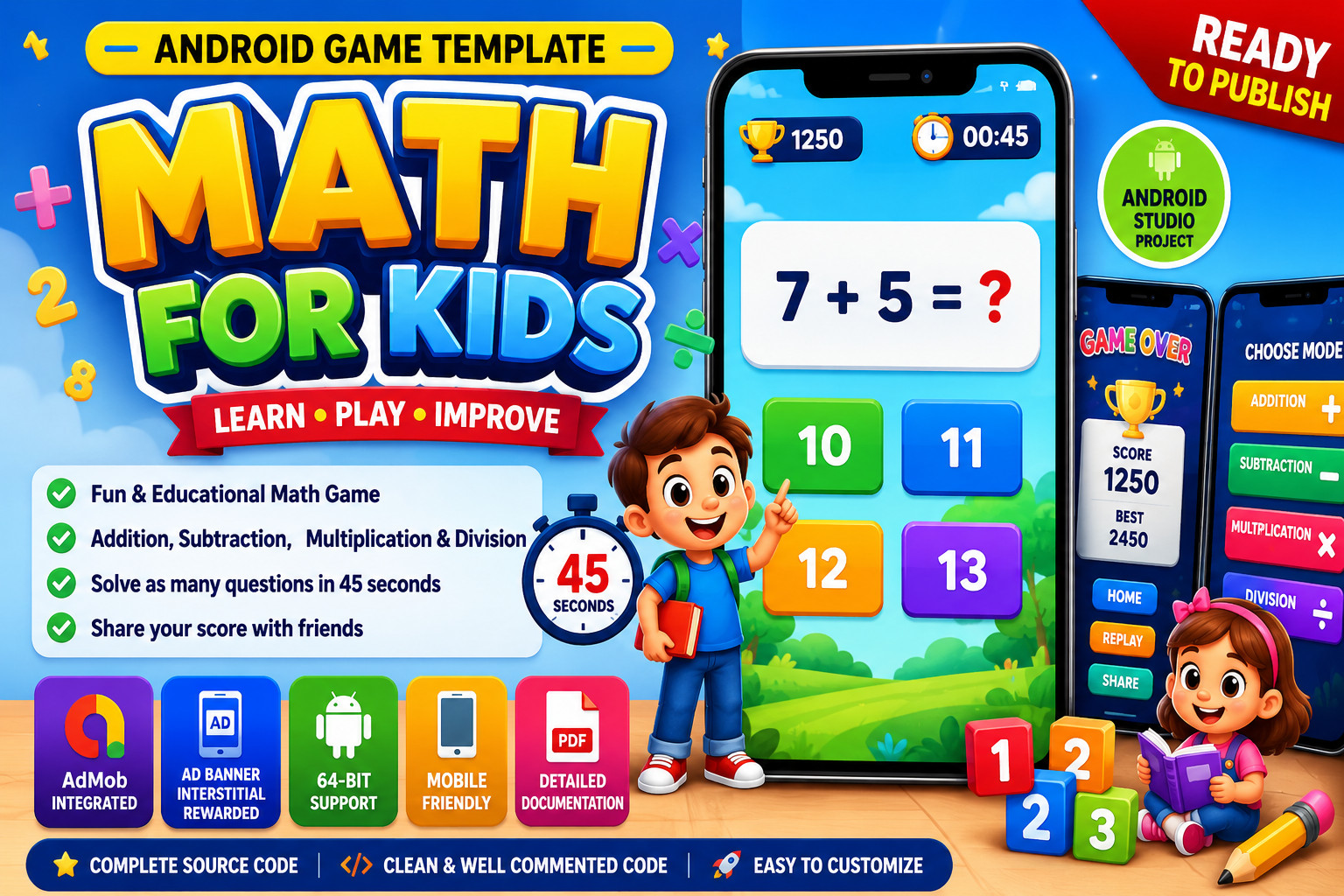 Math for Kids Android Game | Android Studio Project | AdMob Ready | Quiz App