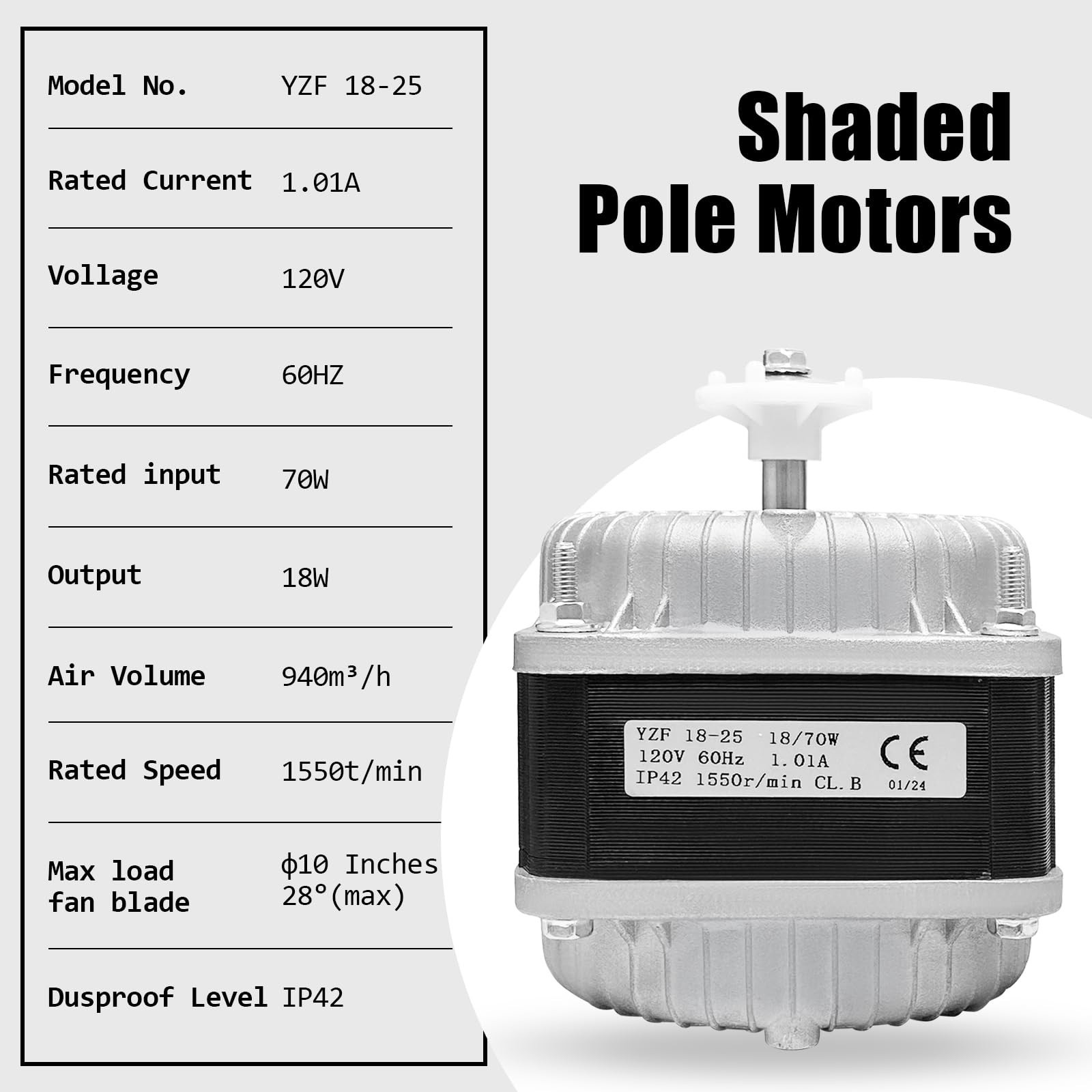 YZF18-25 Fan AC Motor(Copper Wire) 120V 60HZ 18W 1.01A,YZF18-25 Shaded Pole M…