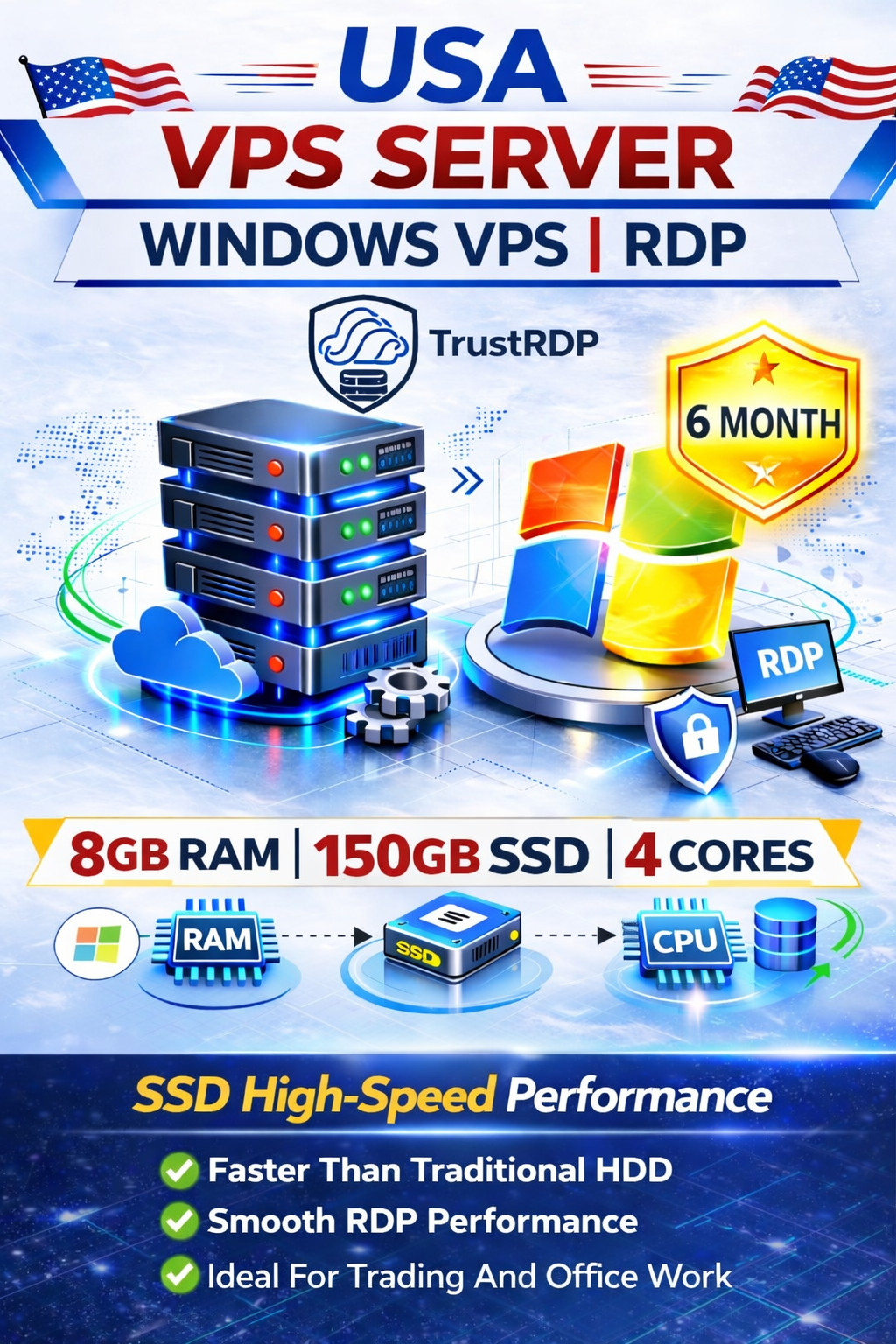 Windows VPS RDP Server 8GB RAM 150GB SSD 6 Month Fast Remote Desktop Hosting