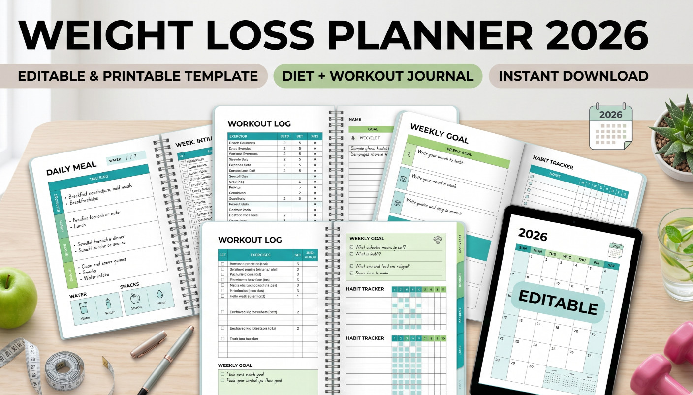 Editable Digital Weight Loss Planner Fitness Workout Log Diet Journal Tracker