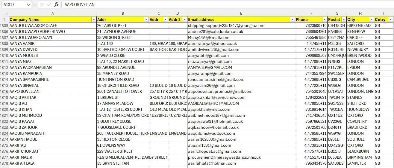 1 MILLION UK Customers Email Database – B2C Contact leads (Excel file)