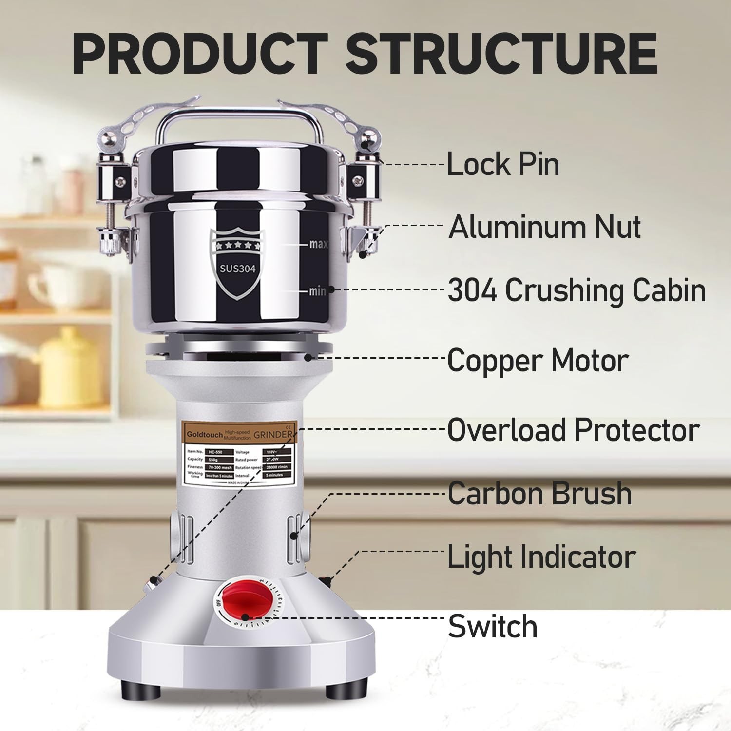Goldtouch 550g Grain Mill Grinder 2000W Electric Stainless Steel Grain Grinde…