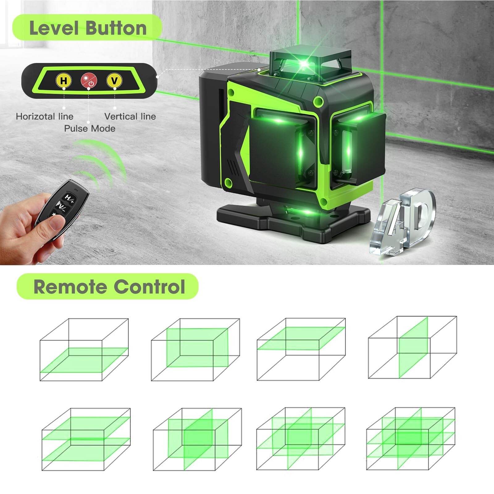 16 Line Laser Level 360 Self Leveling, 4×360°Professional 4D Green … Fast