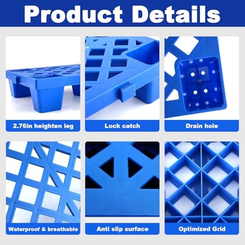 6 Pcs Plastic Pallets Nestable Storage Floor Mats 19.7 x 11.8 x 3.9 Blue