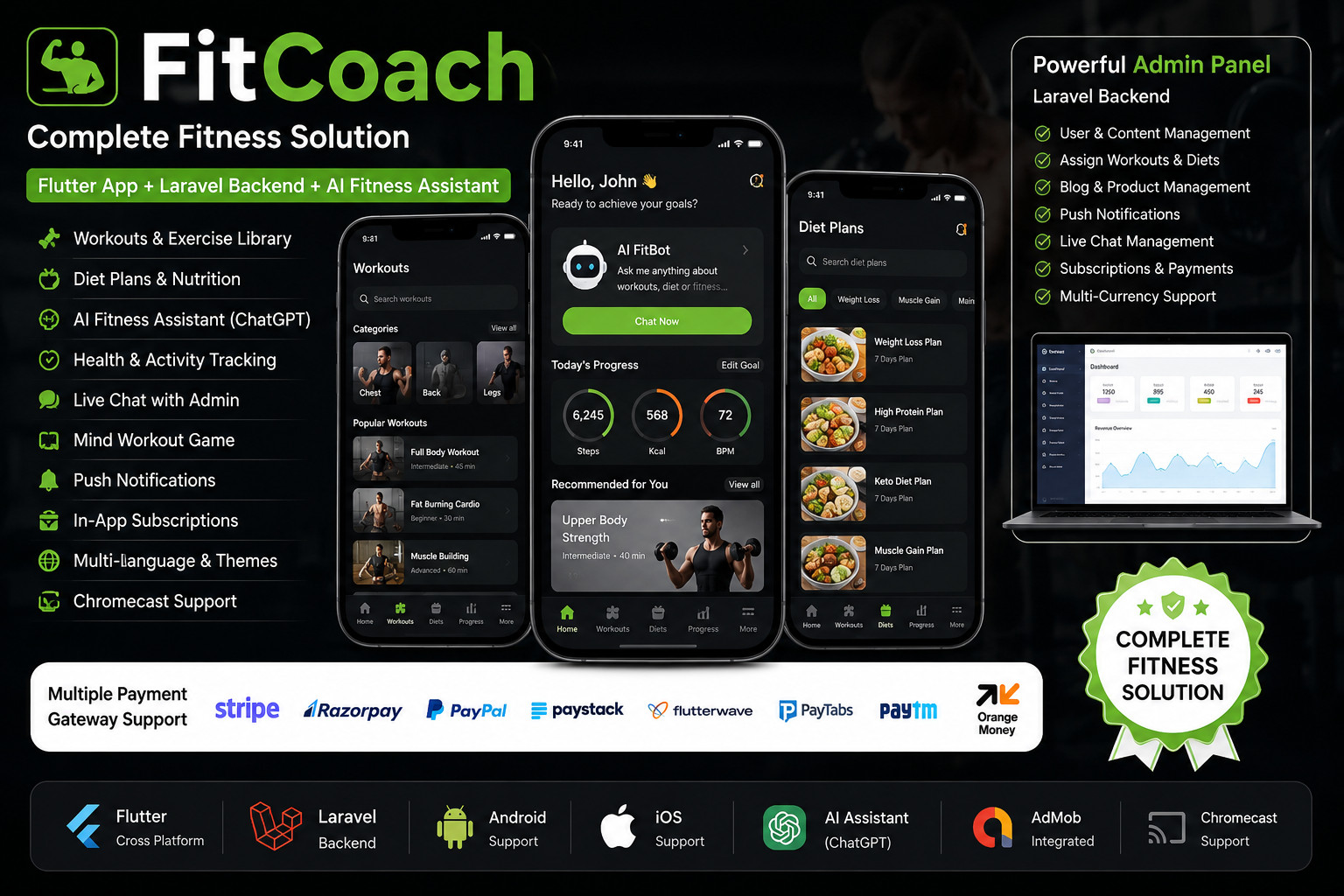 FitCoach – Fitness Flutter App | AI Fitness Assistant | Android + iOS | Laravel