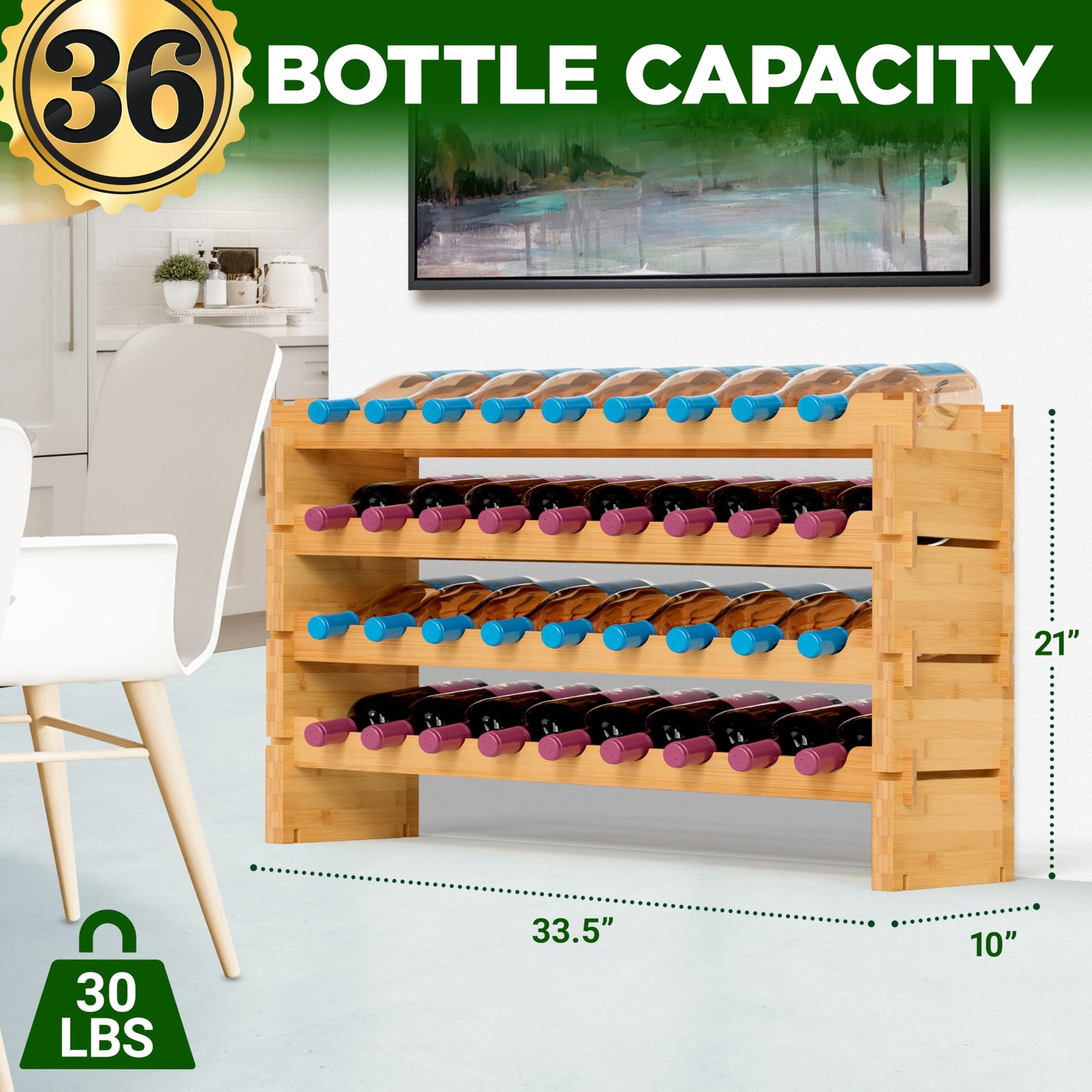 NutriChef Bamboo Stackable Wine Rack, 4-Tier 36 Bottle Capacity Wine Racks Fr…