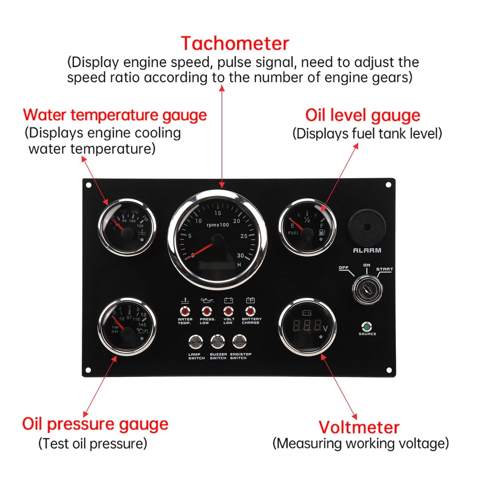 Boat Instrument Panel, Stainless Steel 12/24V 5 Gauge Set Wide Applicability …