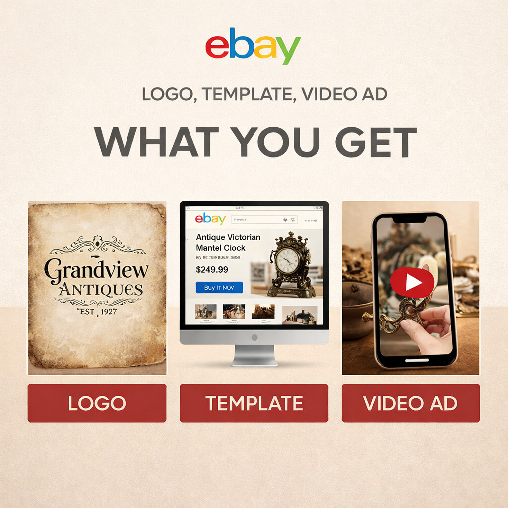 Minimal ebay store template, free logo design and 60 sec video ad for ebay store
