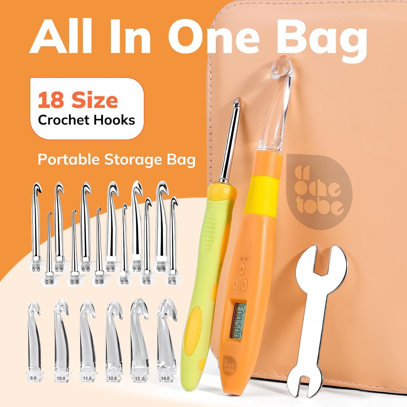 PP OPOUNT 18 Sizes Light Up Crochet Hook Set (2.0–14.0mm) – Plastic Rechar
