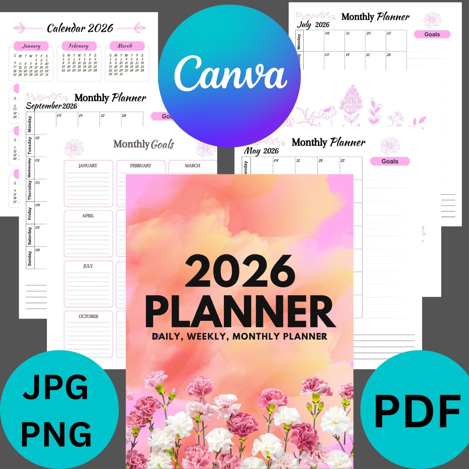 Editable Canva 2026 Planner Template, Printable Planner, Daily Weekly Monthly
