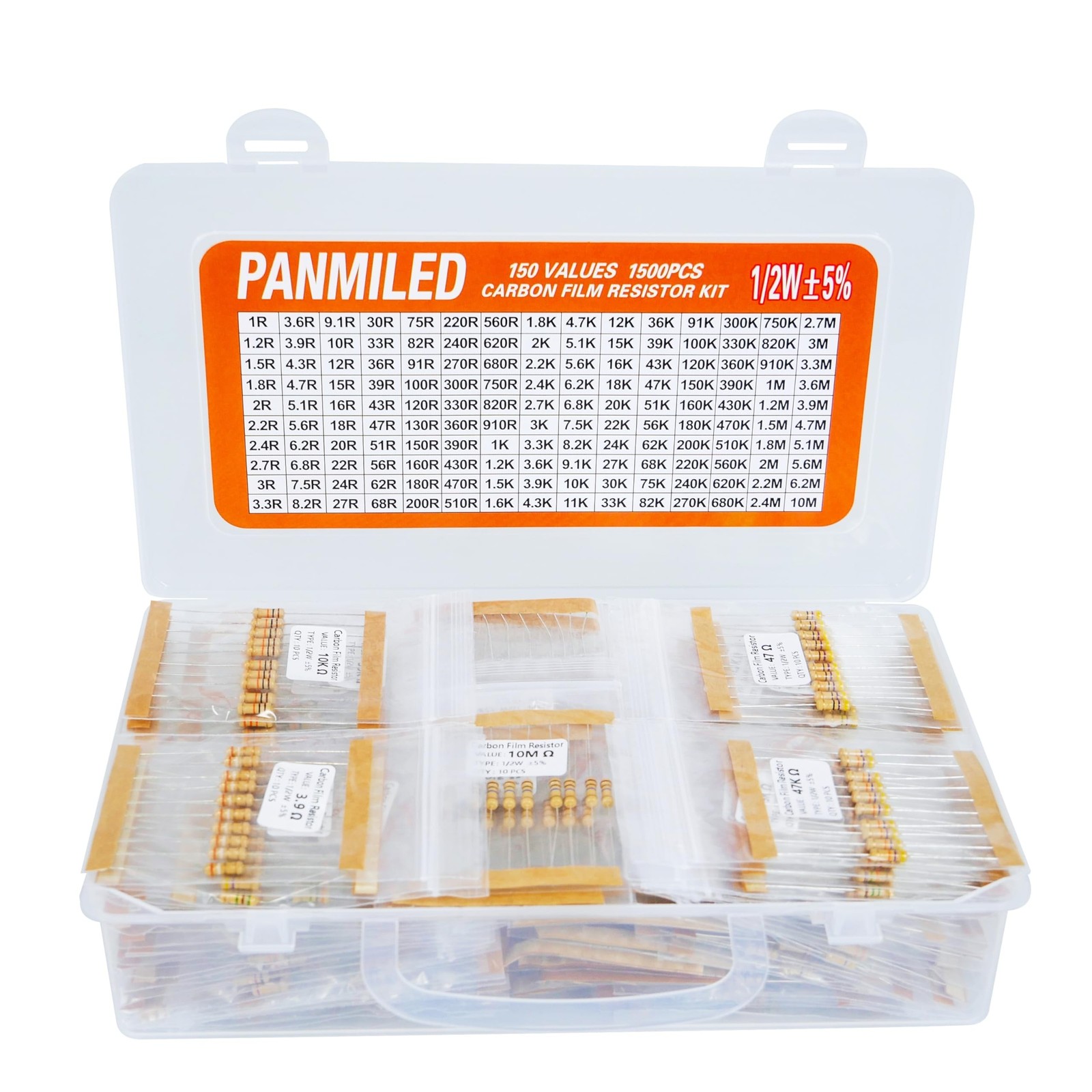 150 Values 1500 Pieces Resistor Kit 1 Ohm-10M Ohm, 1/2W 5% Carbon Film Resist…