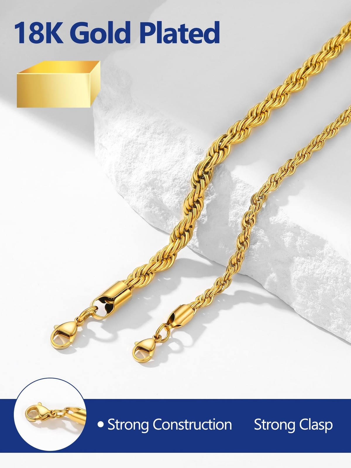 PROSTEEL 3mm/6mm Rope Chain Necklace for Men, Black/Gold Plated Mens Chain Ne…
