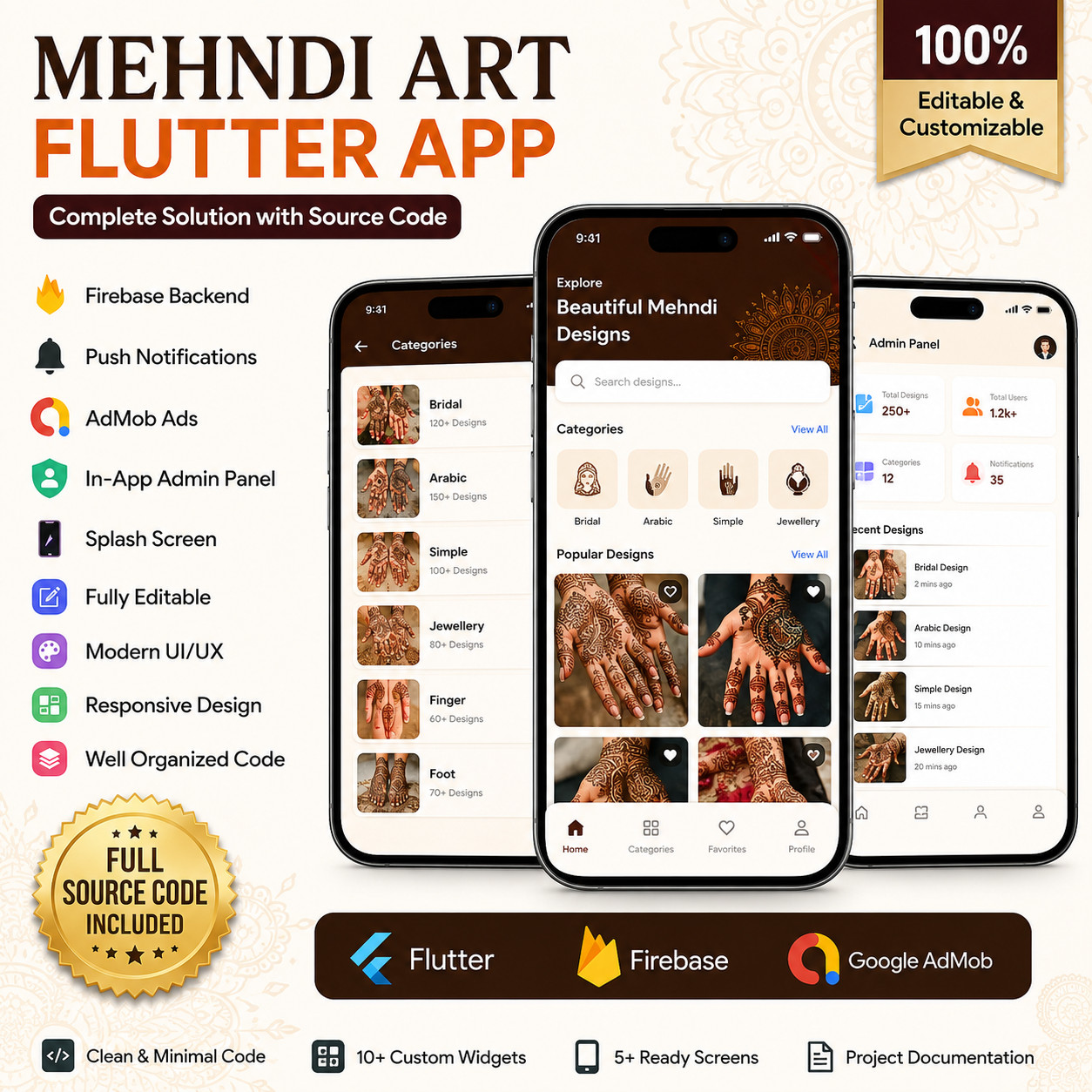 Mehndi Art Flutter App | Firebase Backend | AdMob Ads | Push Notifications