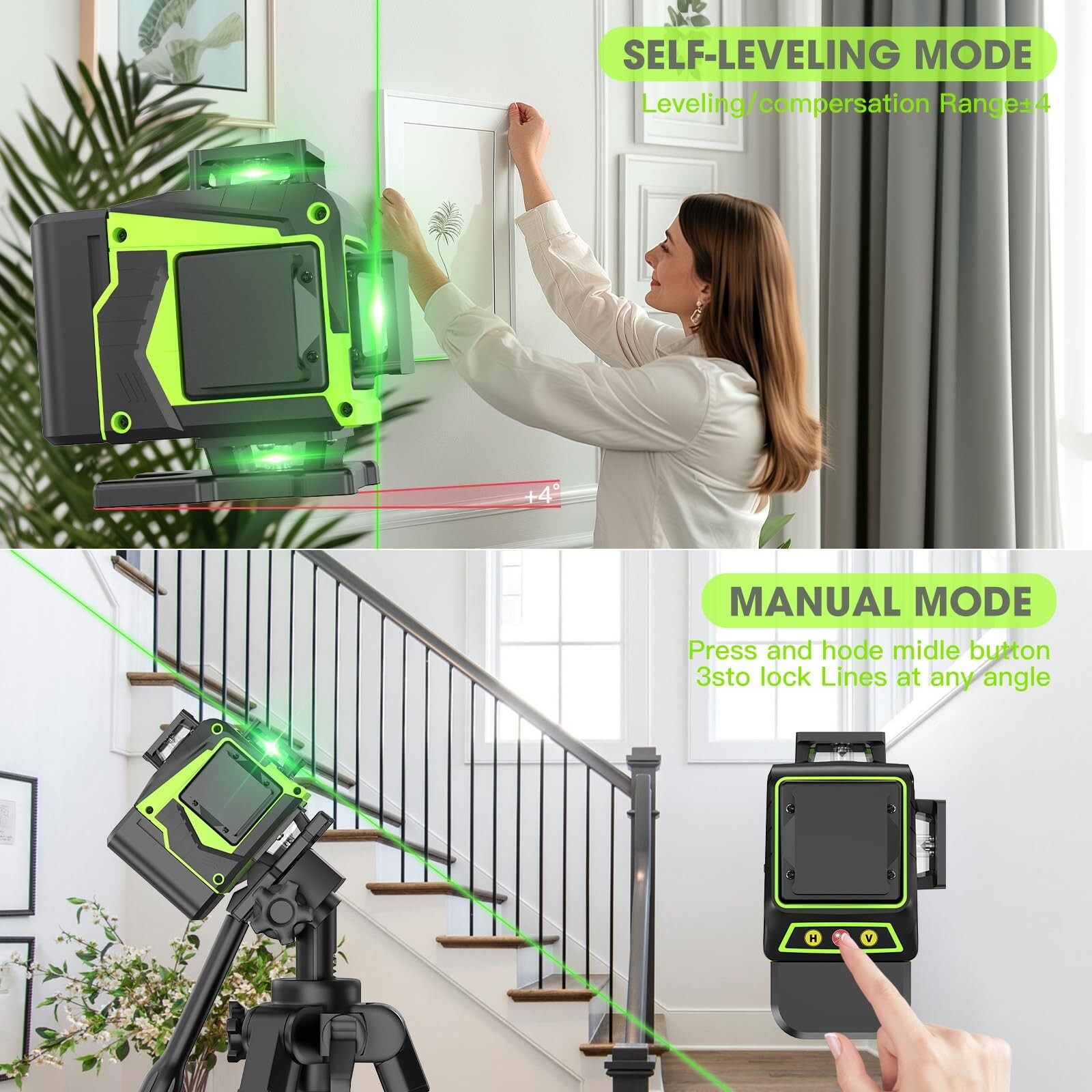 16 Line Laser Level 360 Self Leveling, 4×360°Professional 4D Green … Fast