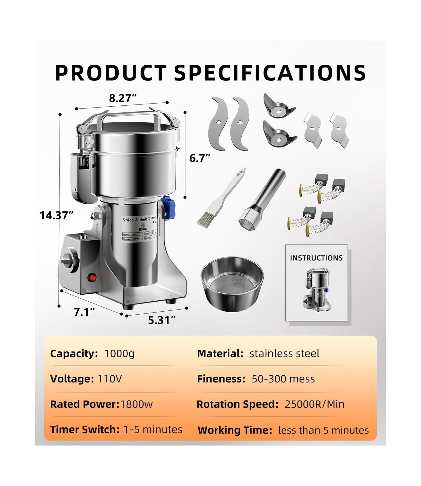 Electric Grain Mill 1000g, Flour Grinder Mill Stainless Steel for Home, Count…