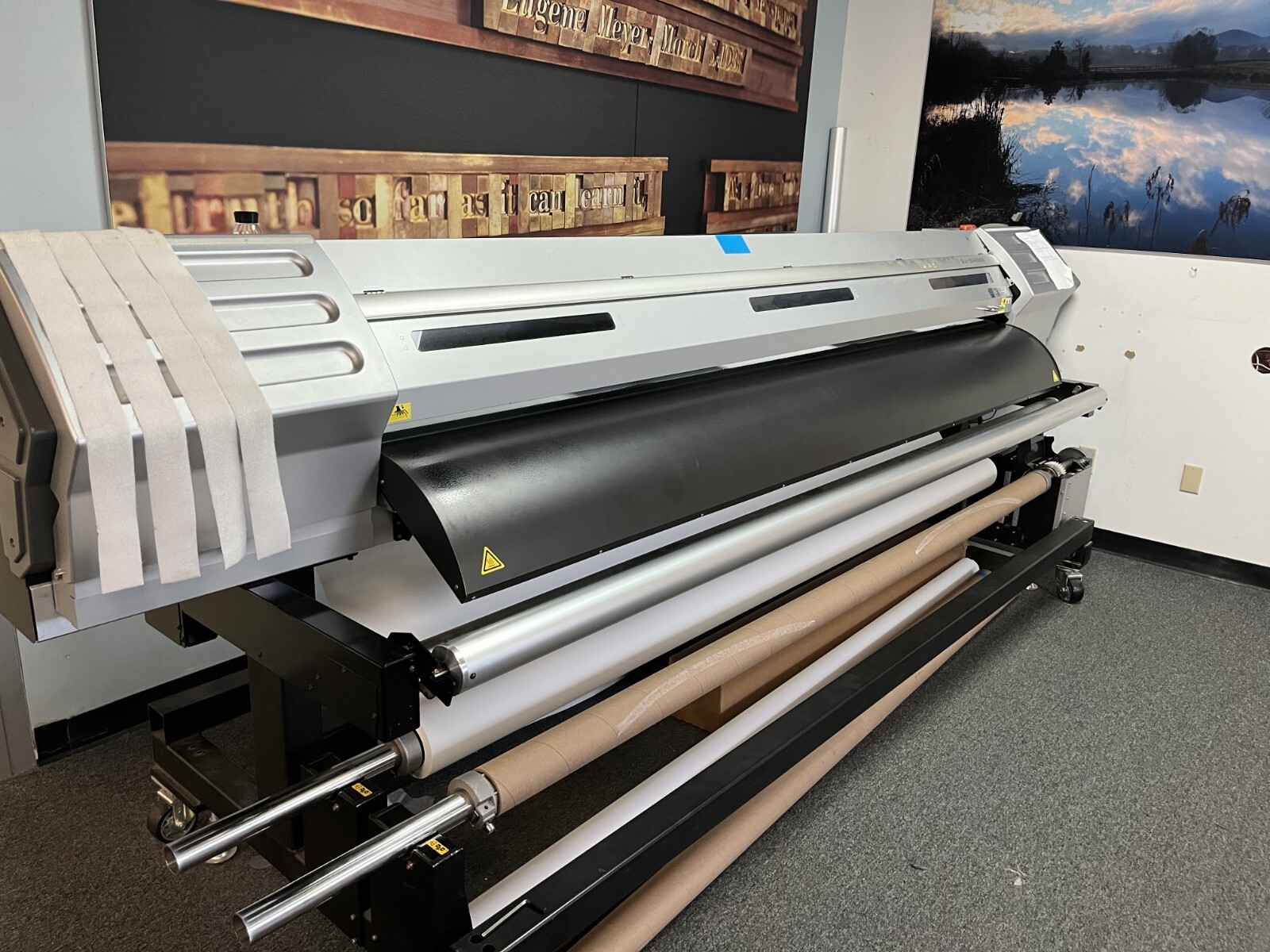 Dye sublimation fabric graphics system, Roland 1045 printer, Practix press