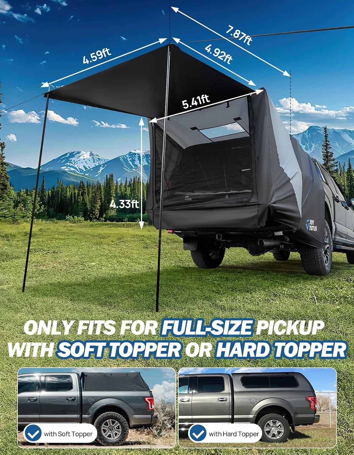 Truck Bed Tent with Awning Full-Size Soft Topper JOYTUTUS