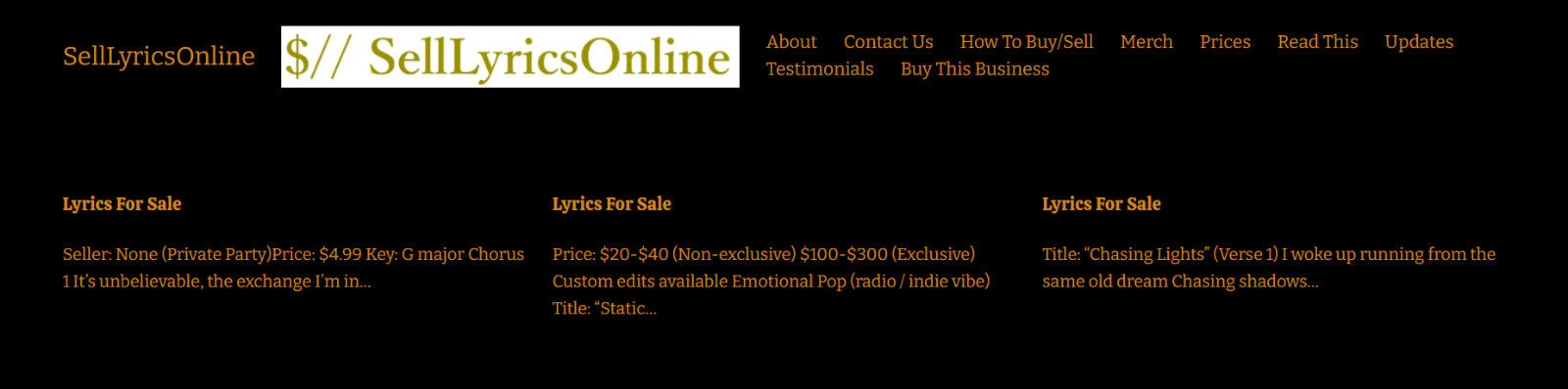 Website for sale – Bizbuysell, SellLyricsOnline, money making operating, turnkey
