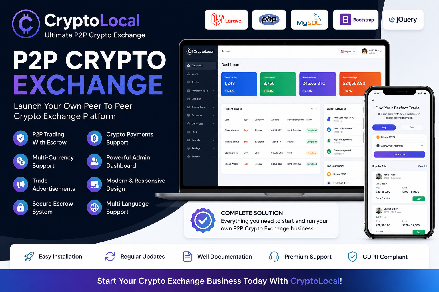 CryptoLocal – P2P Crypto Exchange Platform | PHP Laravel Peer Trading Marketplce
