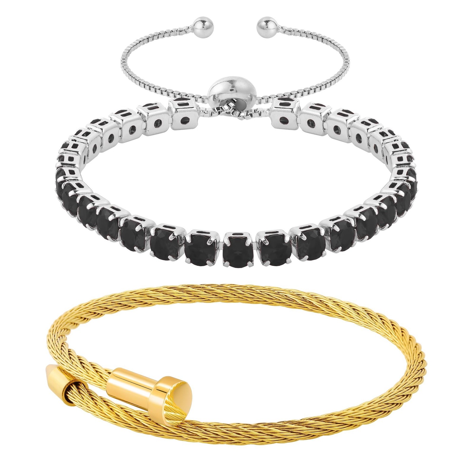 2PCS 18K Gold Plated Nail Bangle & Chain Bracelet Set for Women, Adjustable S…