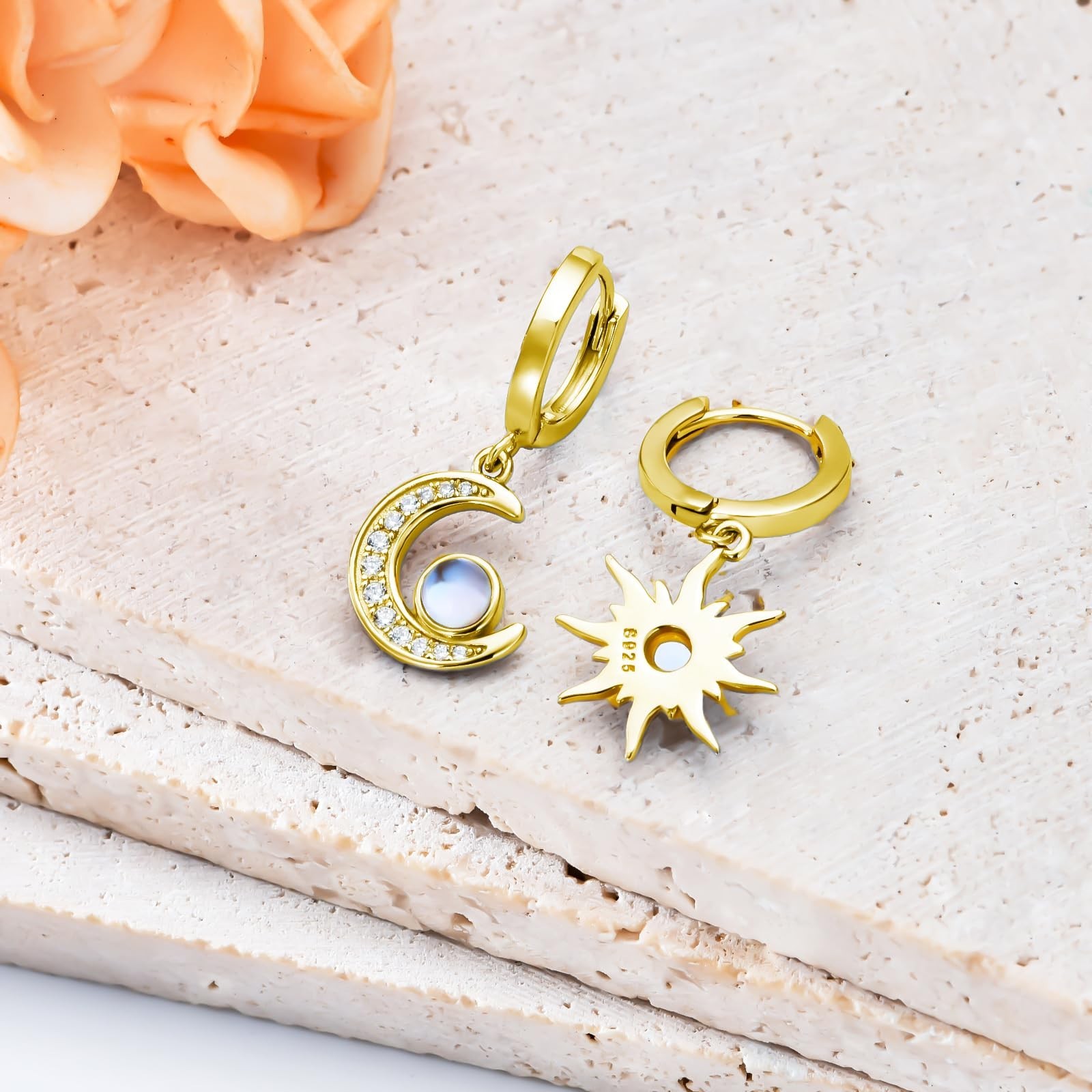Sun and Moon Dangle Moonstone Earrings 925 Sterling Silver Dangle Huggie Earr…