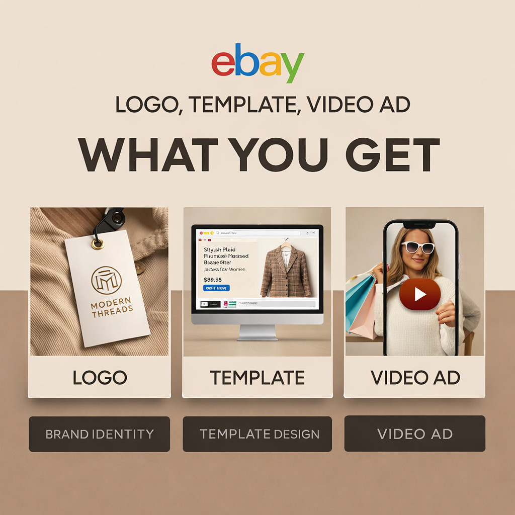 ebay store listing template, logo design and 60 sec video ads clothing store