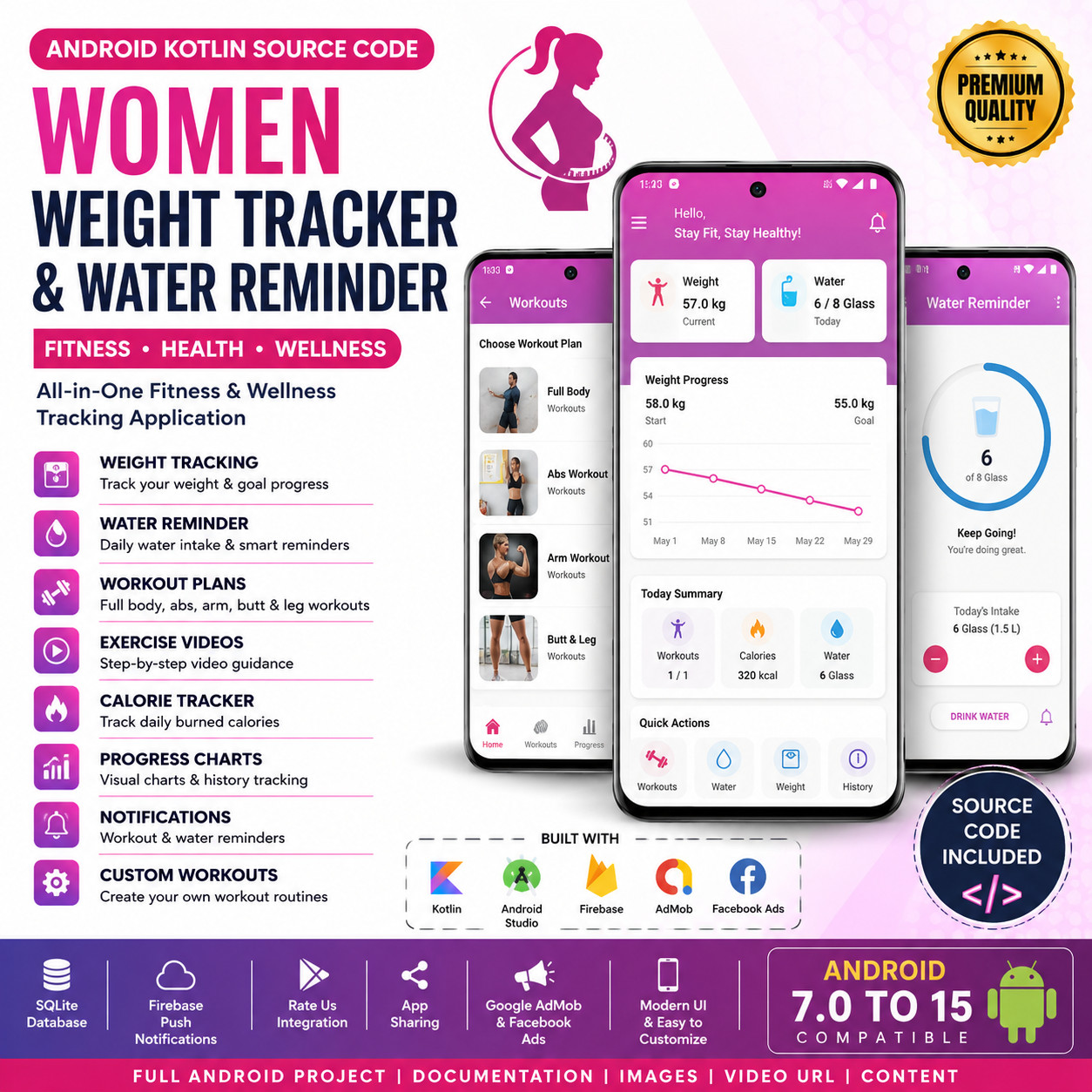 Women Weight Lose & Water Reminder App | Android Kotlin + AdMob + Firebase