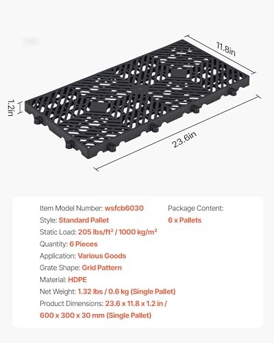 VEVOR Plastic Pallets 6 Pcs Nestable Storage Pad 23.6×11.8×1.2 Black Waterproof
