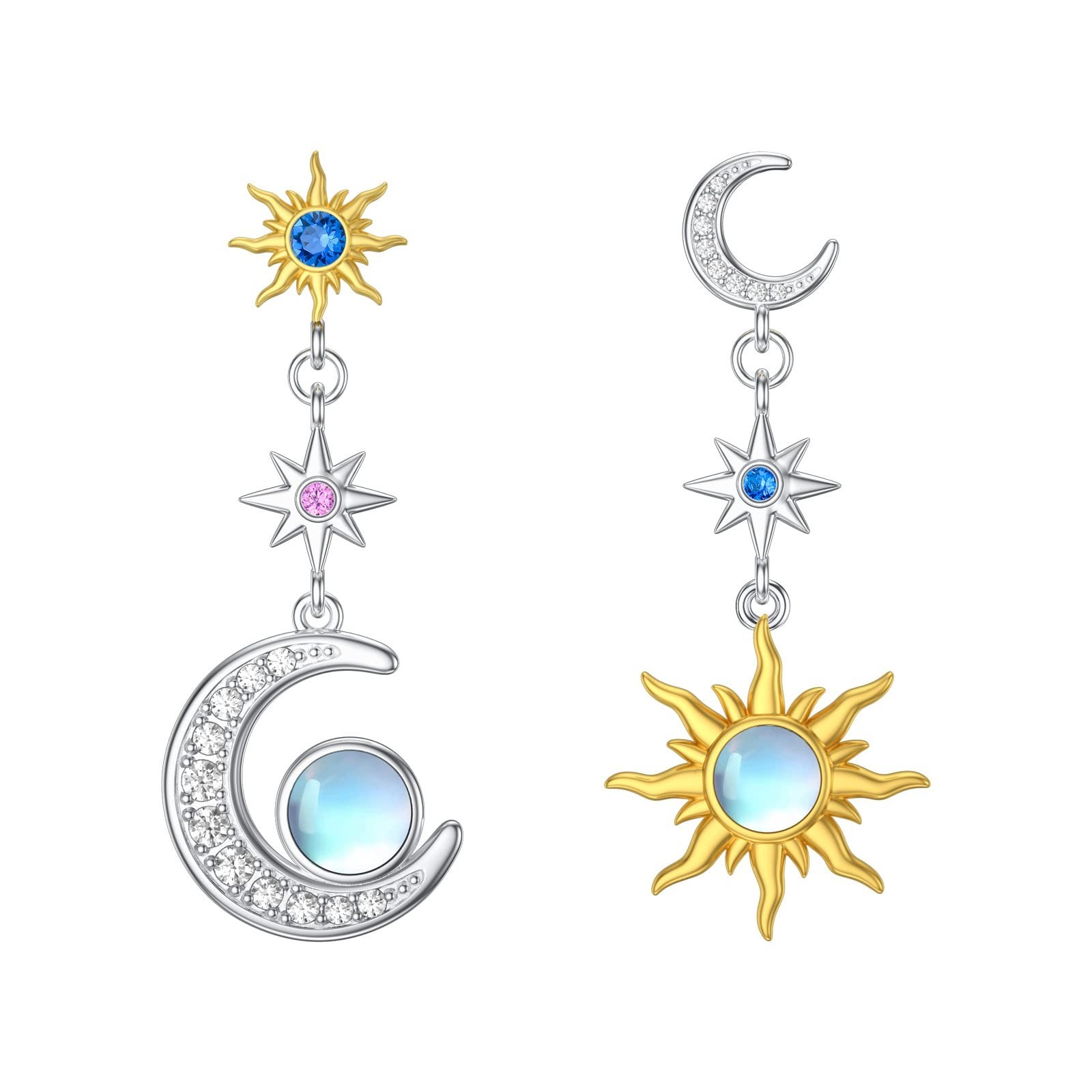 Sun and Moon Dangle Moonstone Earrings 925 Sterling Silver Dangle Huggie Earr…