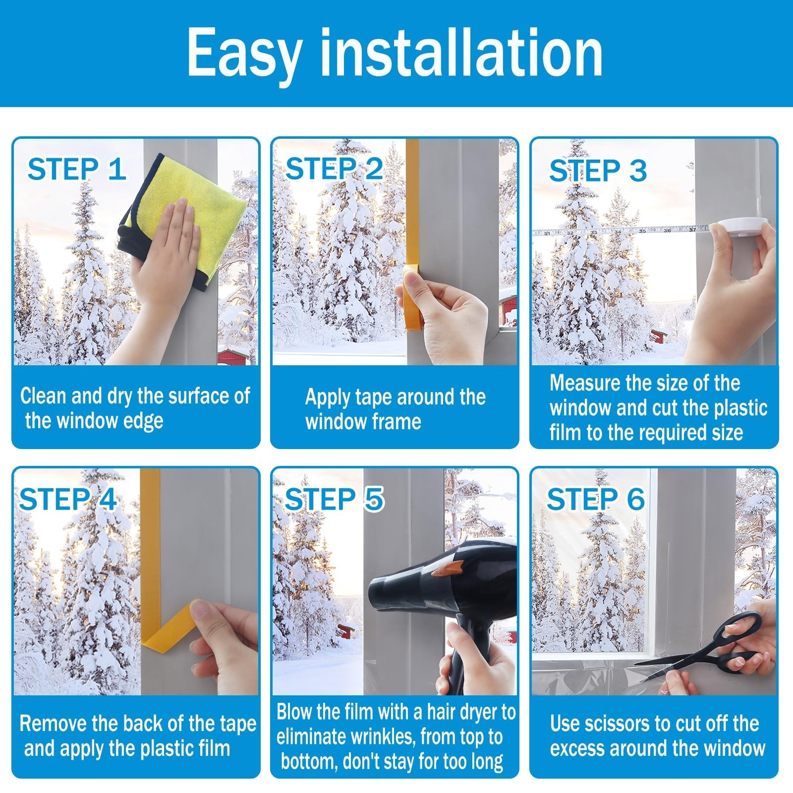 Window Insulation Kit, 63 × 394 Inch and 87 x 110 inch Plastic Window Cover