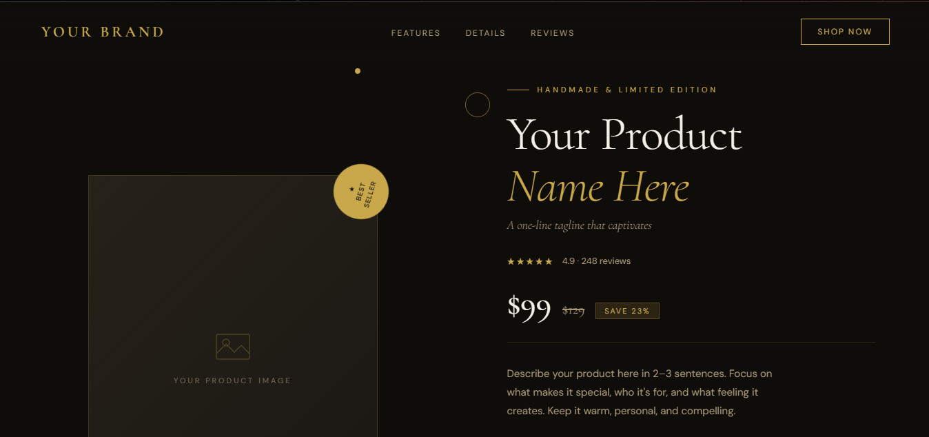 Professional Product Landing Page Template | Animated | Dark Luxury Design.