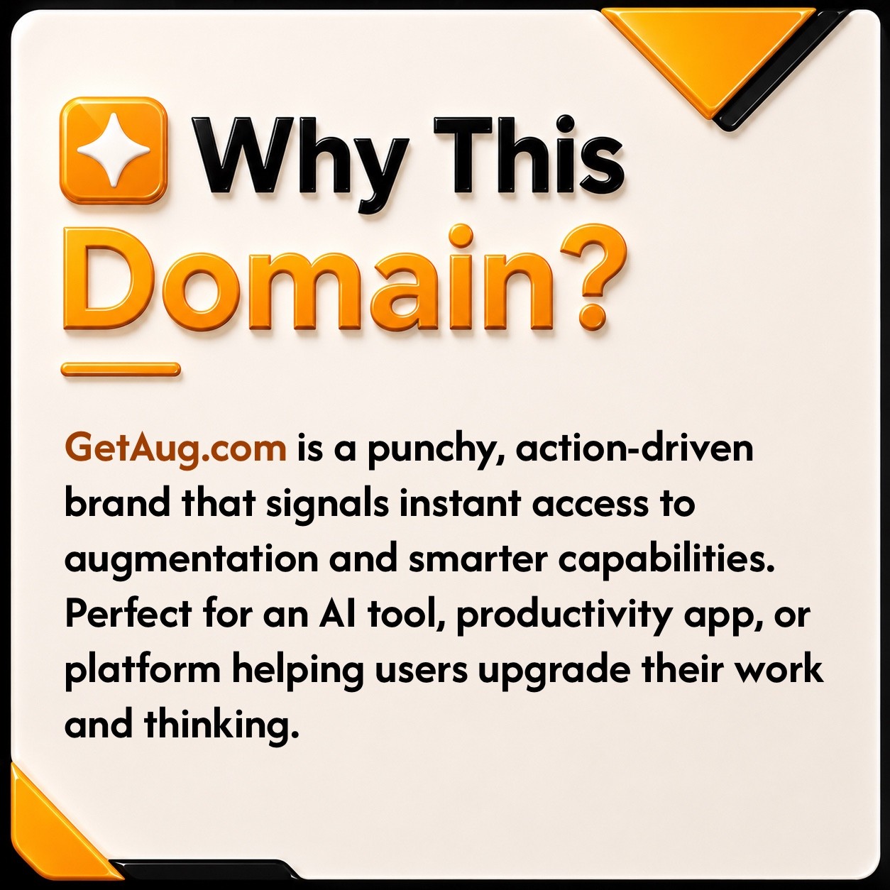 GetAug .COM Brandable Business Domain Name For Sale. AUGMENTED AI. TECH STARTUP.