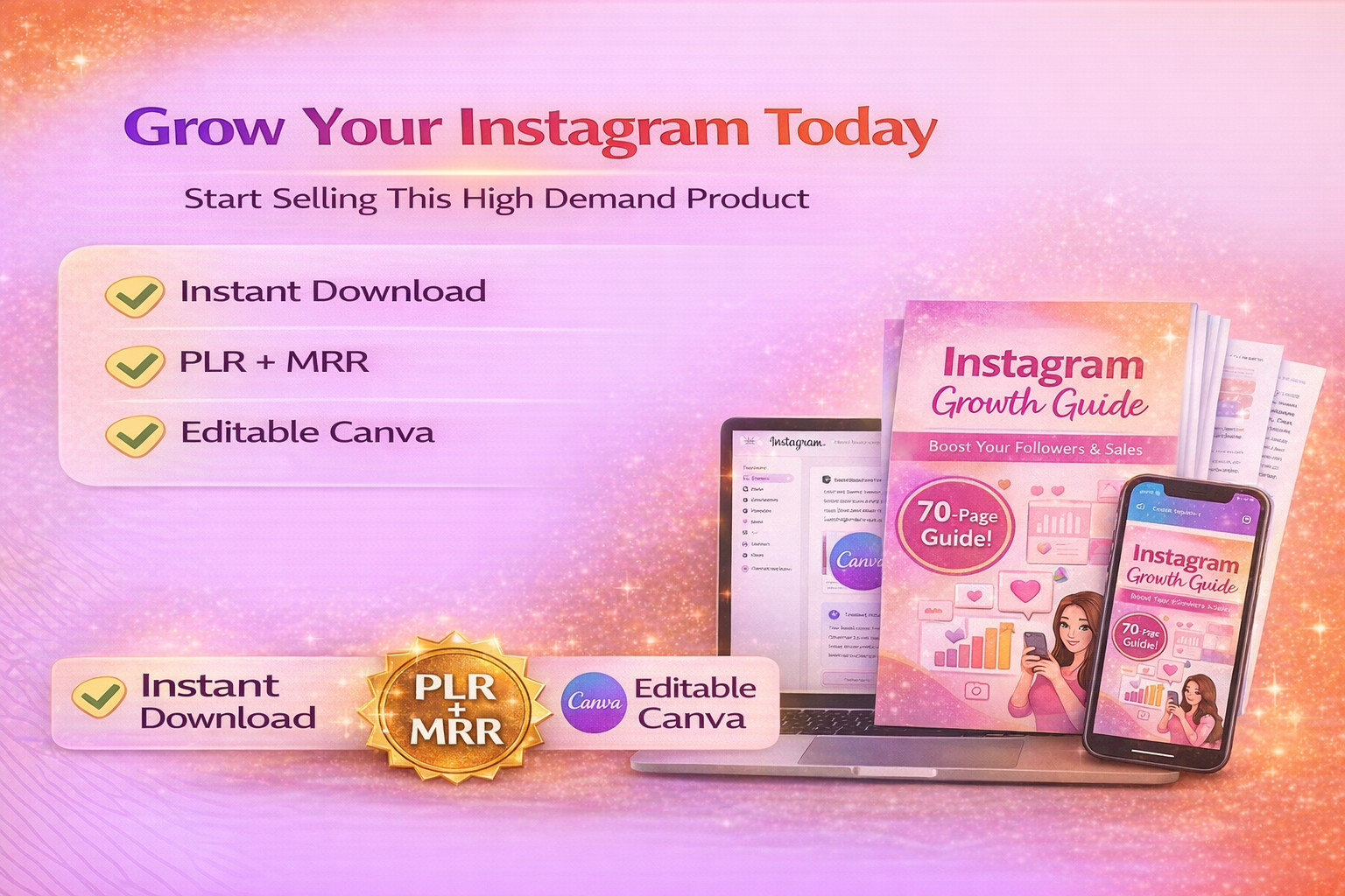 Instagram Growth Guide PLR MRR, Editable Canva Template, DFY Digital Product