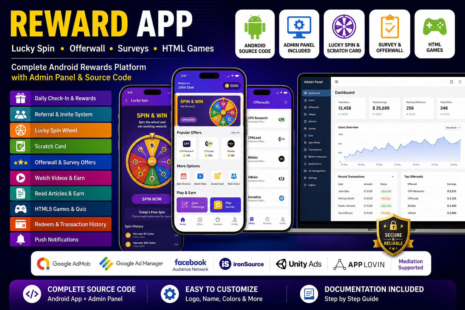 Reward App Lucky Spin + Offerwall + HTML Games | Android App + Admin Panel